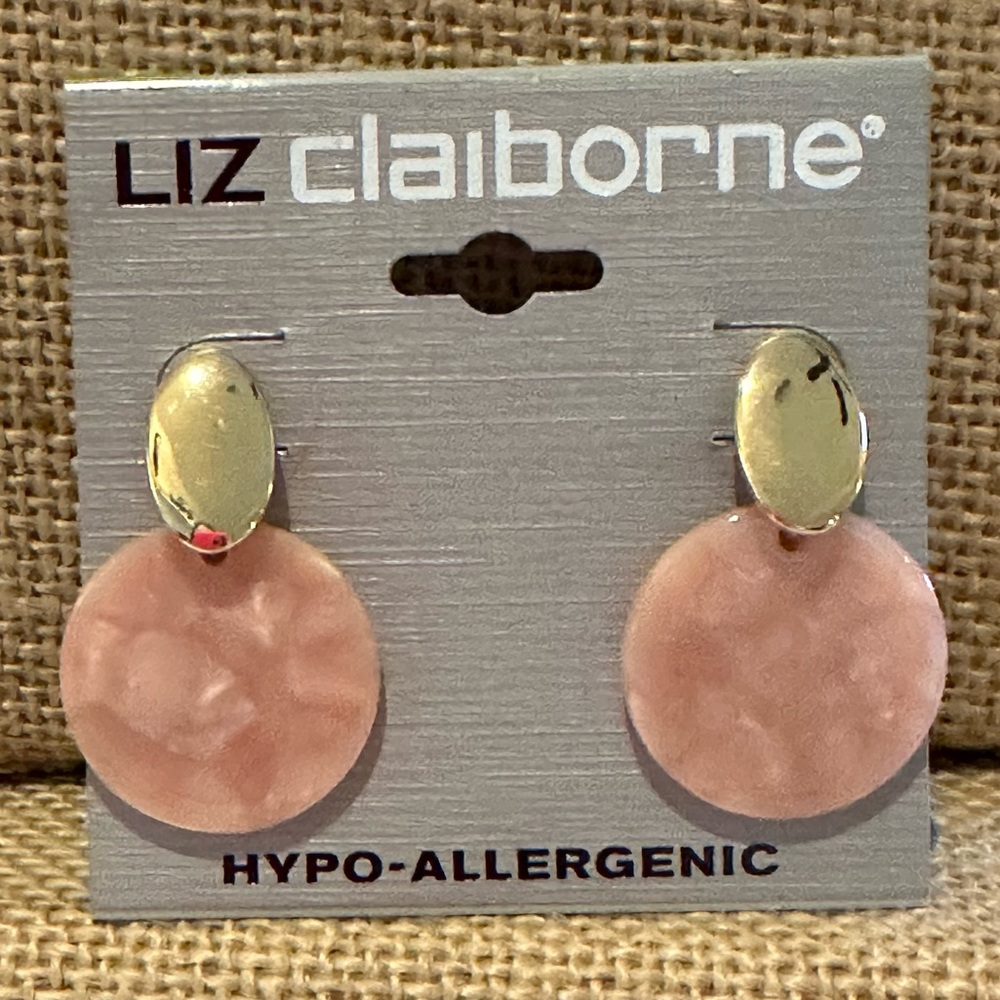 NWT Liz Claiborne Earrings - gold tone oval w/ pink marbled acrylic disc